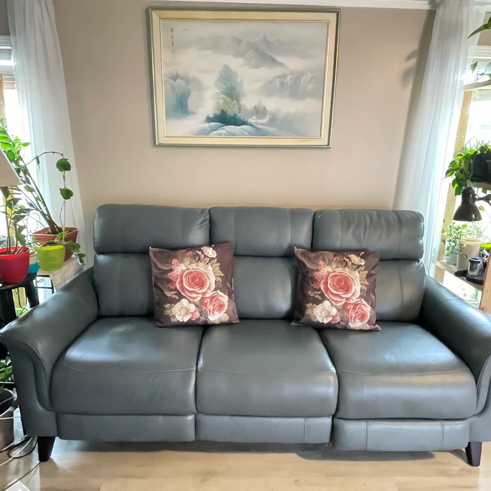 (2)Luxurious Gray Leather Sofa with Floral Accent Pillows